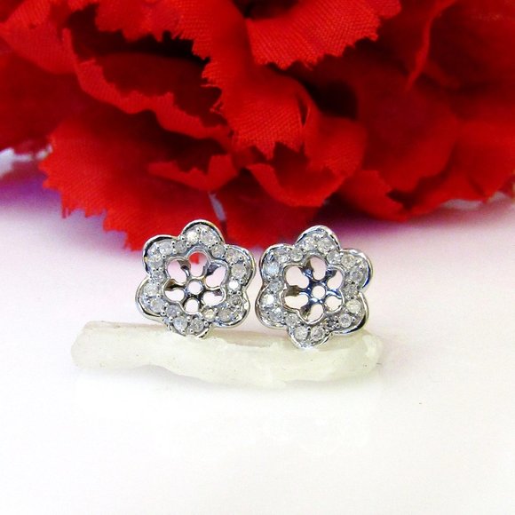 Diamond Flower Earring Enhancer Jackets 10k White Gold Natural Genuine Real - Picture 6 of 9